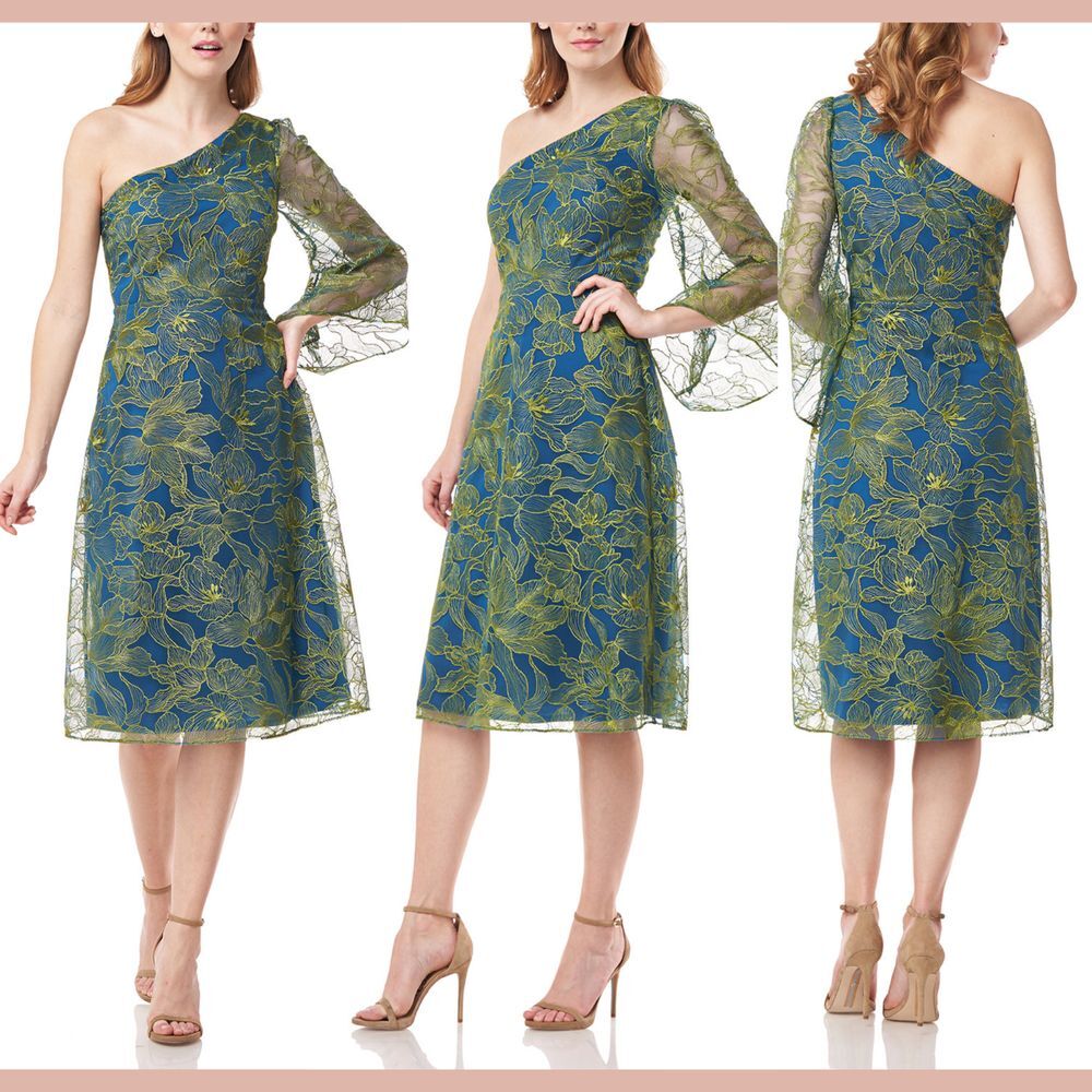 NEW $268 JS Collections [ 6 ] Lulu One Shoulder Midi Dress Aqua Chartruese Q1026